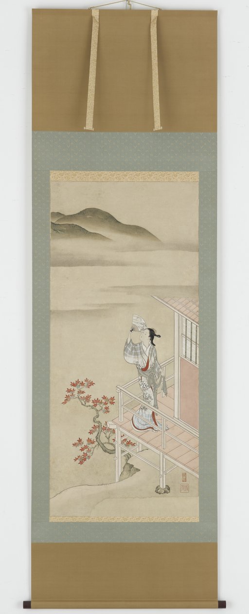 Ung kvinde med en vifte på en veranda, der beundrer ahorn, hængende rulle, 17.-18. århundrede (blæk og farve på papir) svensk av Nishikawa Sukenobu