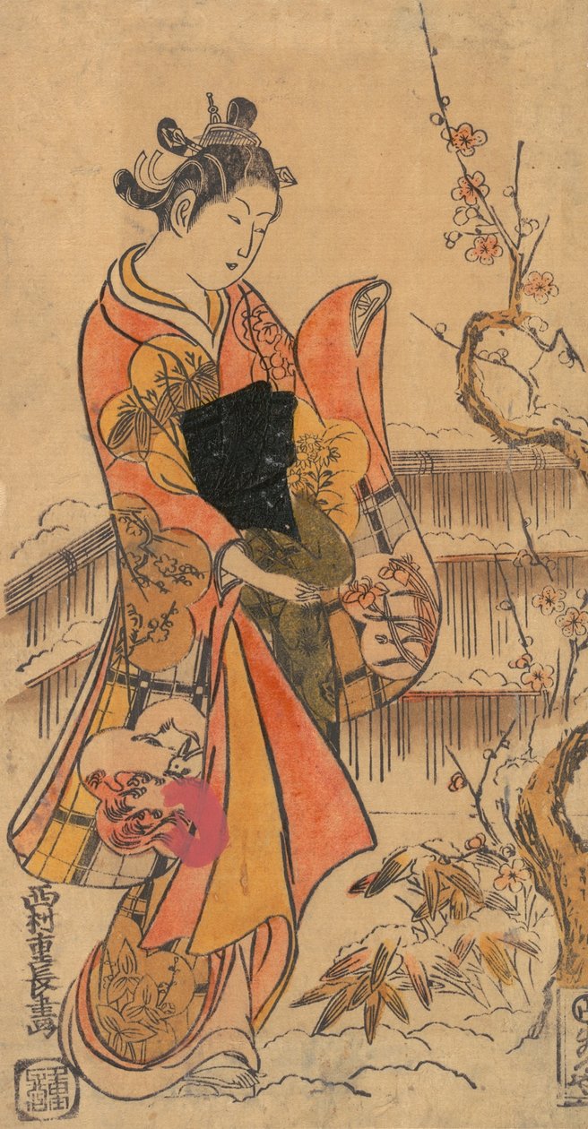 En ung dam i en trädgård. av Nishimura Shigenaga