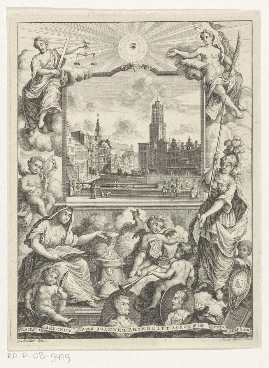 Stadsgezicht met Domkerk te Utrecht en allegorie med Utrechtse stedenmaagd Titelsida för: Elias de Vries, Dissertatio juridica, de jure naturale ac gentium, seu duobus prioribus juris fontibus, 1745. av Noach van der Meer (I)