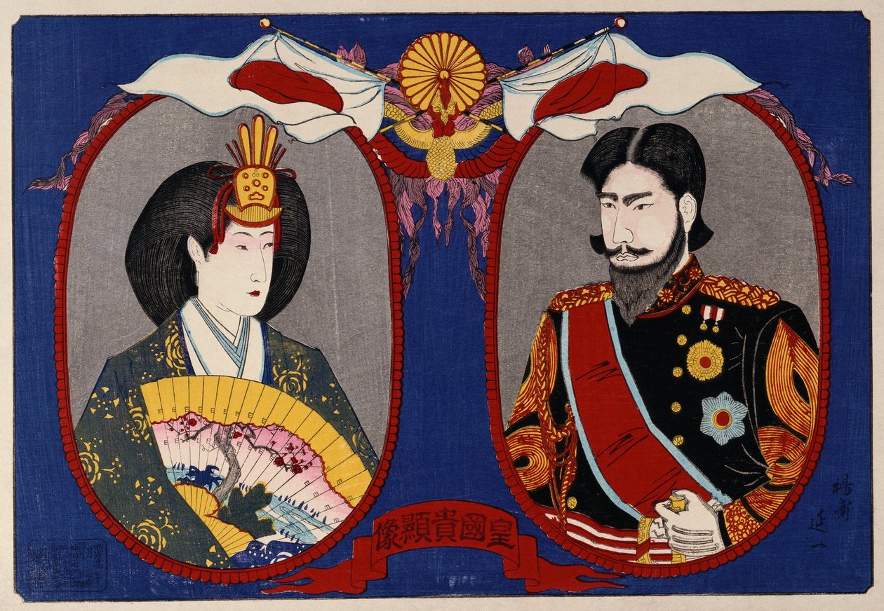 Porträtt av deras kejserliga majestät, kejsaren och kejsarinnan Meiji (trätryck i färg) av Nobukazu Watanabe