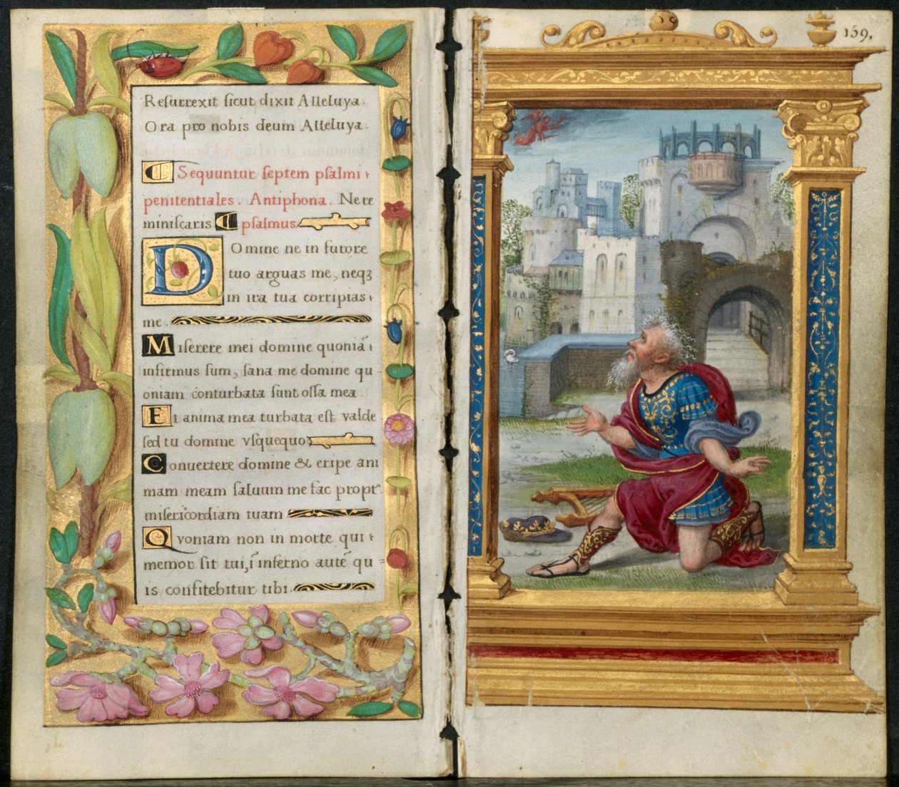 Angränsande löv från en timbok: Penitential Psalms and King David in Prayer (2 av 3 utskurna löv) av Noel Bellemare