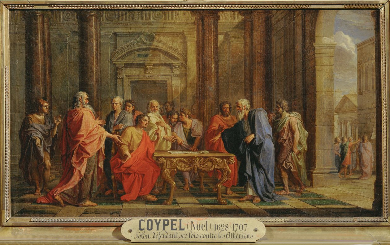 Solon soutenant la justice de ses lois contre les objections des Atheniens - Solon upprätthåller sina lagar mot atenarnas invändningar ... av Noël Coypel