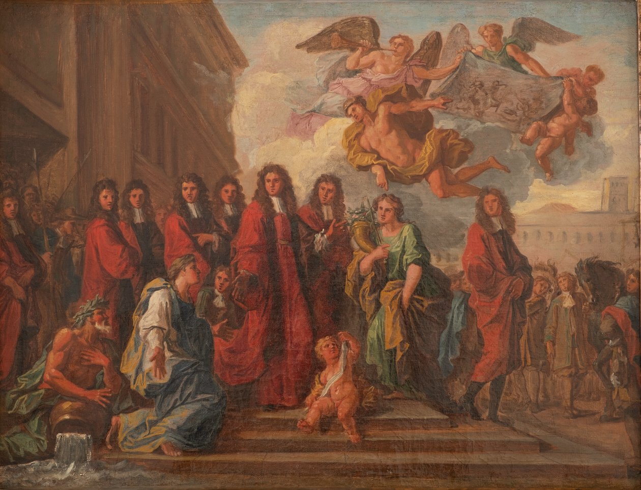 Rådmännen i Paris lämnar Hotel de Ville för att tacka Notre Dame efter Seneffes seger 1674, ca 1681 (olja på duk) av Noël Coypel
