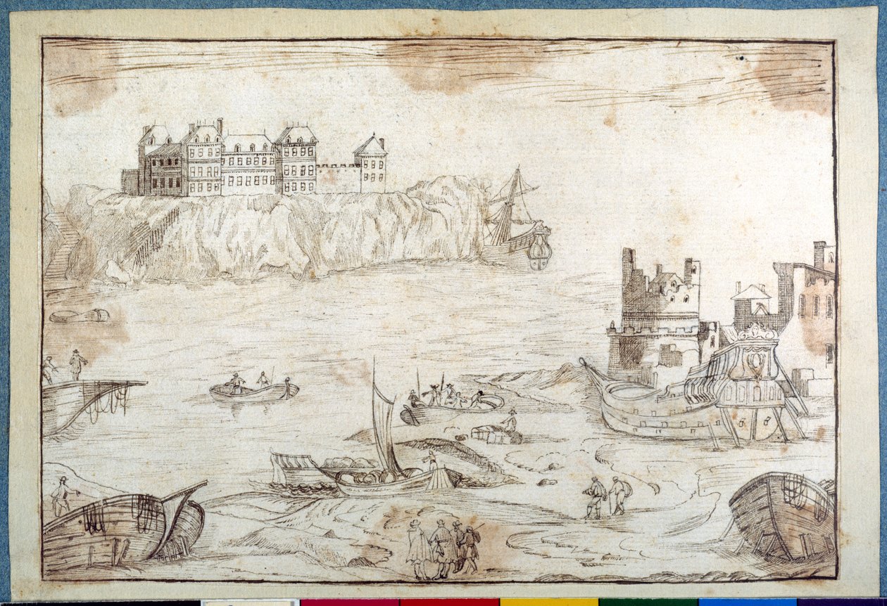 Ett slott över klipporna, med studier av galjoner och fiskebåtar (penna och brunt bläck på papper) av Noel Gasselin