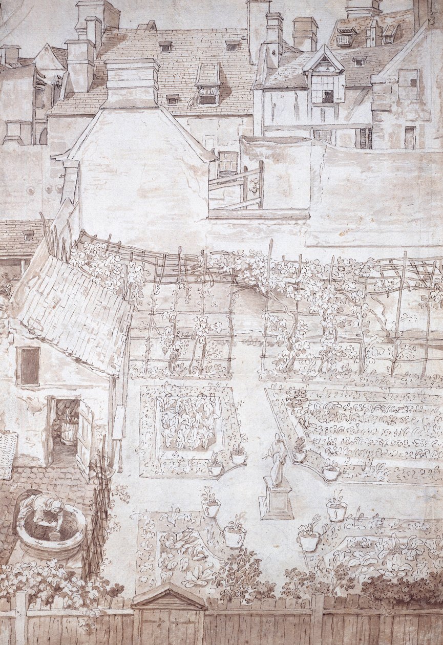 En trädgård till ett stadshus, med parterrer och vinpergola, omgiven av byggnader, ca 1677 (penna & brunt bläck med brunt tvätt) av Noel Gasselin