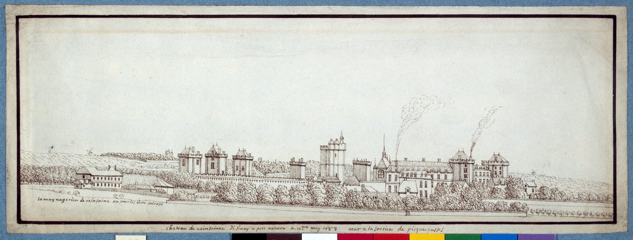 Chateau de Vincennes, med skorstenar som röker (penna och bläck på papper) av Noel Gasselin