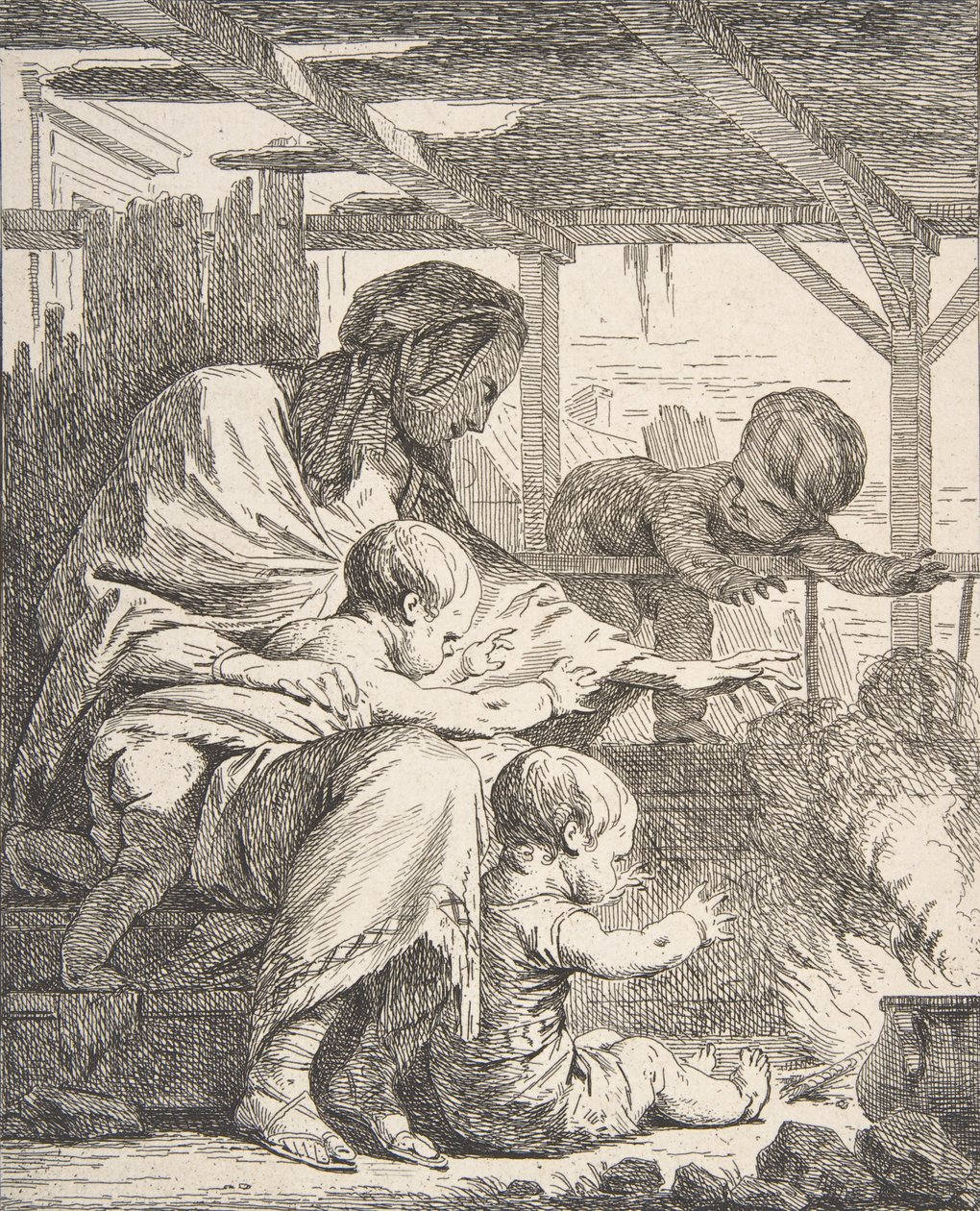 Familjen värmer sina händer vid en eld, 1700-talet., 1700-talet. av Noel Halle