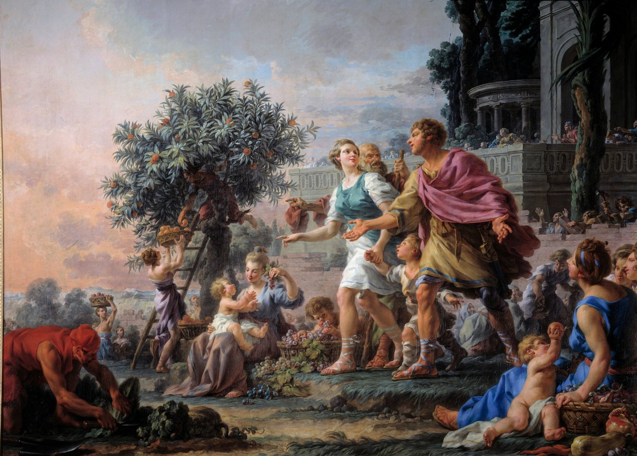 Liberality of Cimon the Athener bjuder in folket att ta frukterna av deras trädgård. Målning av Christmas Halle (1711-1781) av Noel Halle