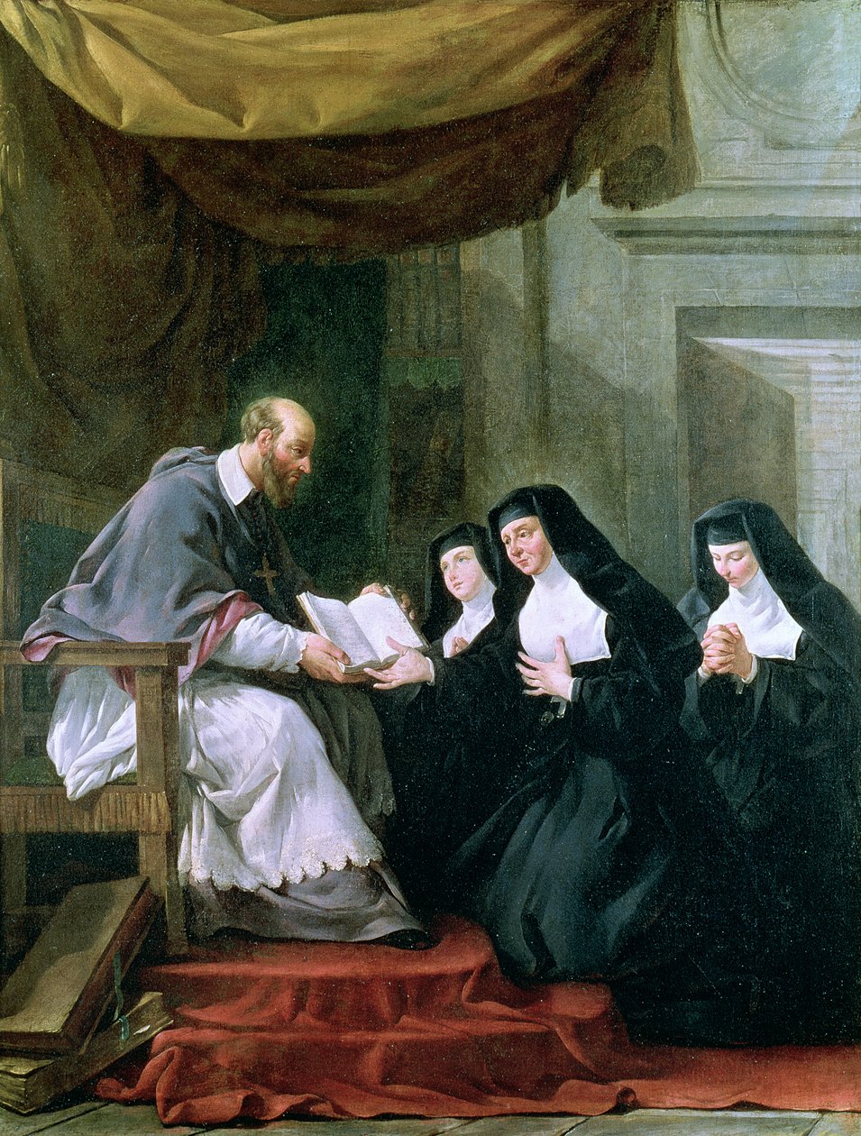 Den helige Francois de Sales (1567-1622) ger besöksregeln till den heliga Jeanne de Chantal (1572-1641) av Noel Halle