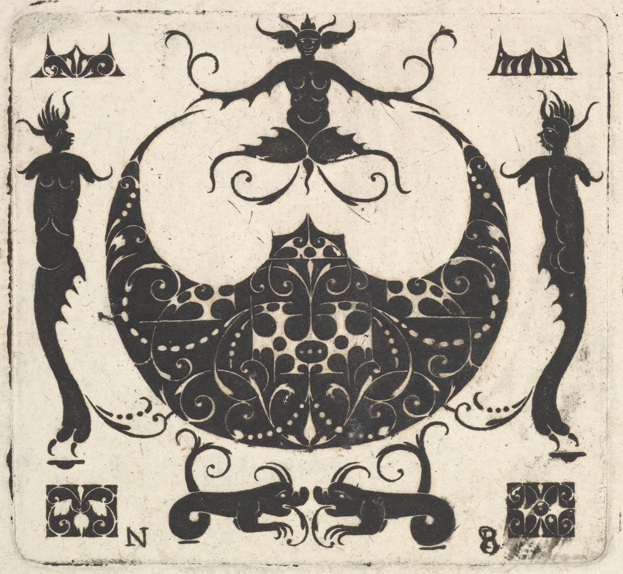 Månformad ringram och groteska figurer, ca. 1620-30. av Noel Rouillard
