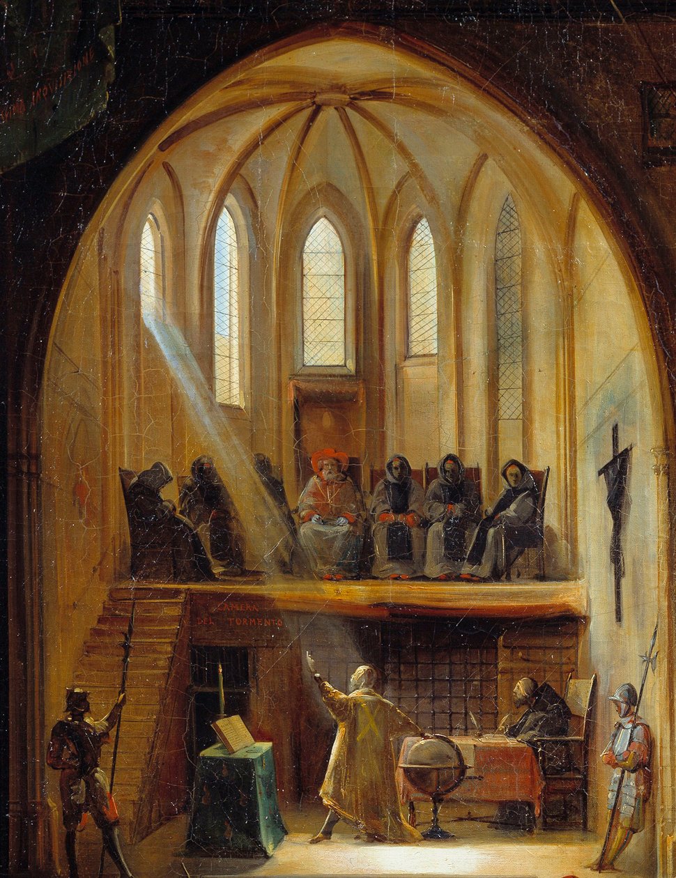 Detalj av "" Galileen (1564-1642) inför Inkvisitionens Tribunal"" Den italienske astronomen Galileo Galilei fördömdes 1633 för sitt arbete som försvarade den heliocentriska modellteorin för Copernicus universum. Målning av Joseph Clerian (1796-1842 av Noel Thomas Joseph Clerian
