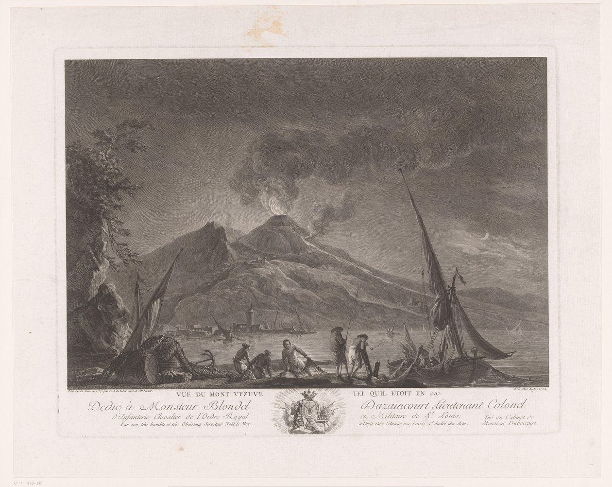 Landskap med fiskare och aktiv Vesuvius Vue du mont Vesuve tel quil etoit en 1757 (titel på objekt) av Noël Le Mire