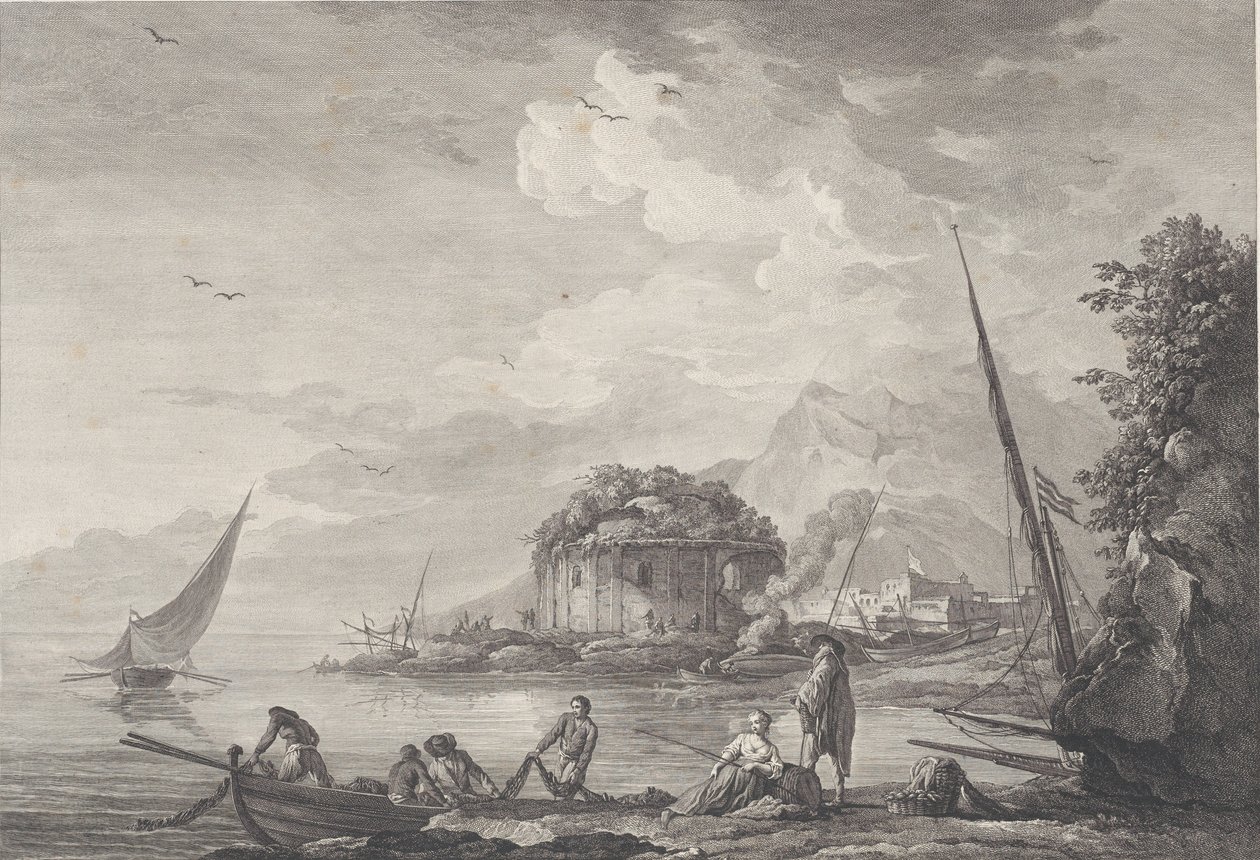 Utsikt över resterna av Venustemplet på Isle of Nisida nära Pouzzol på G..., 1761. av Noël Le Mire