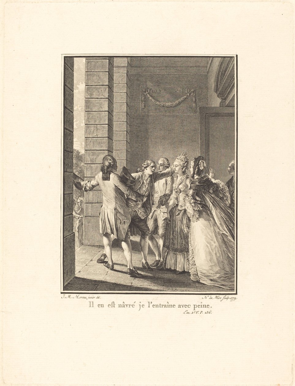 Han är ledsen, jag tränar honom med svårighet av Noël Le Mire after Jean Michel Moreau