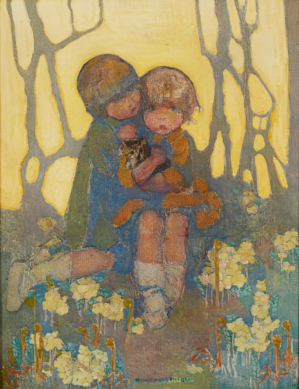 Systrar med en kattunge (olja på duk) av Norah Neilsen Gray