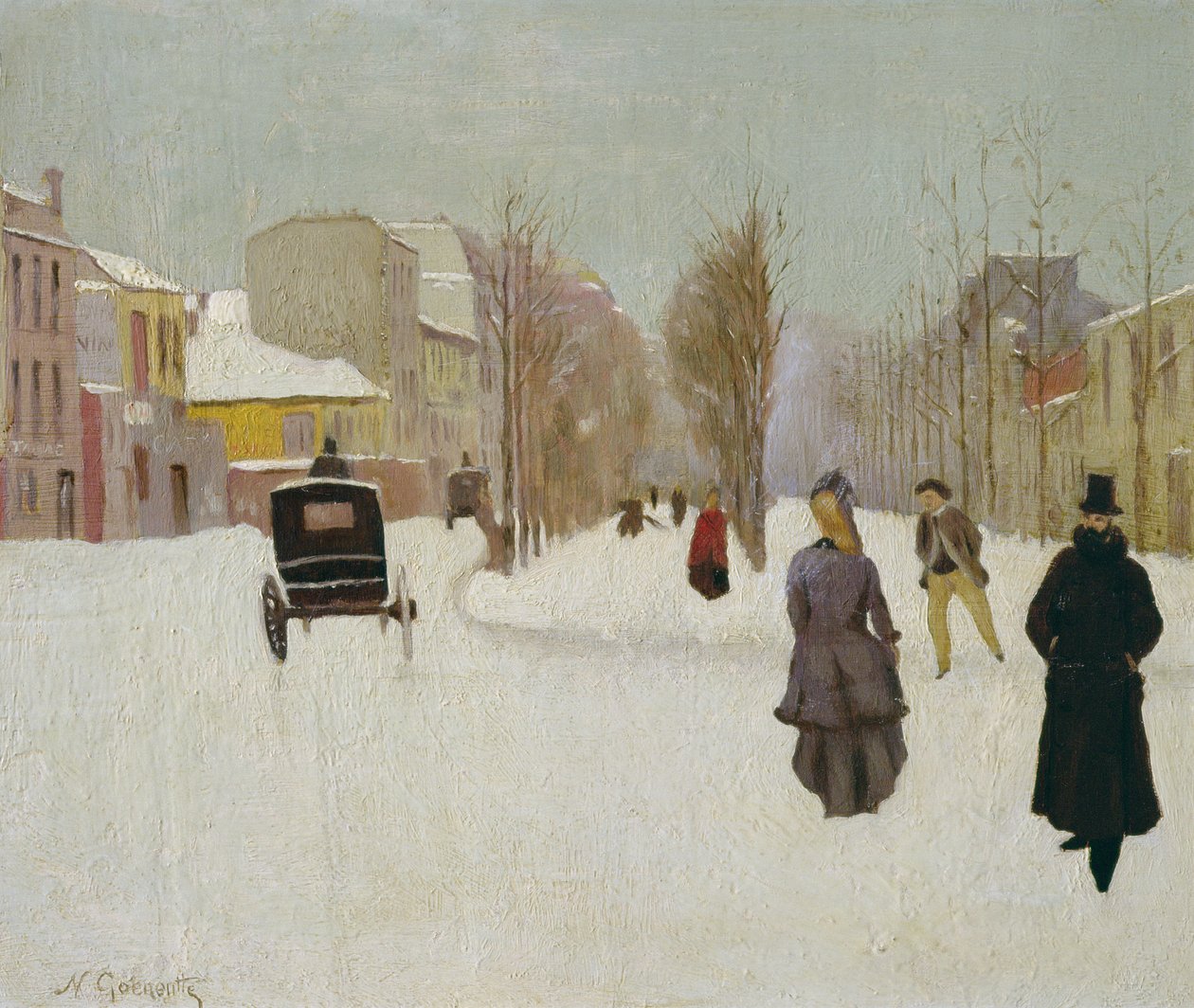 Fransk gatubild med snö (olja på metall) av Norbert Goeneutte