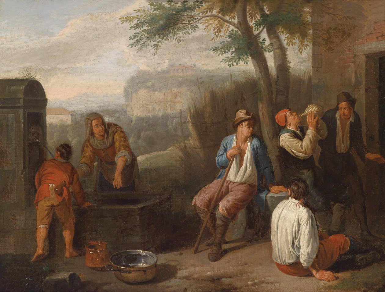 Södra landskap med landsfolk som dricker vid en fontän av Norbert van Bloemen