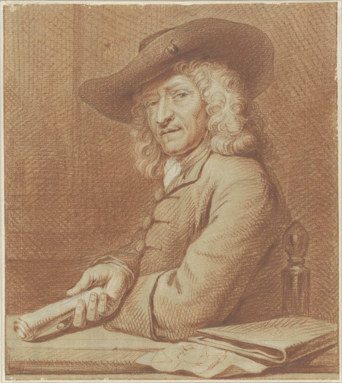 Porträtt av ritaren Jan Pietersz. Zoomer, med hatt och pappersrulle av Norbert van Bloemen