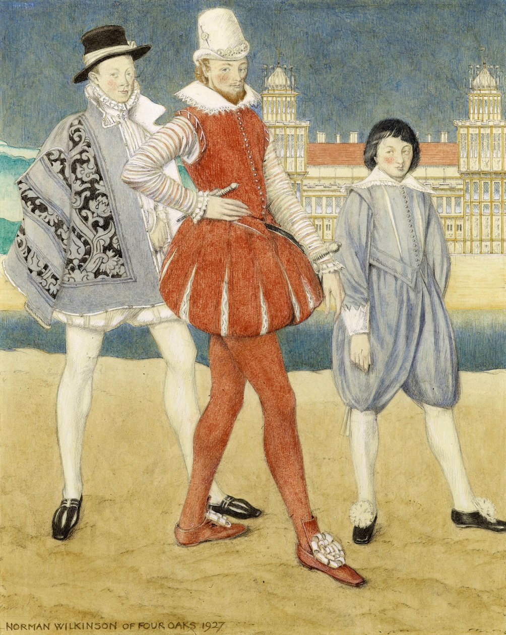 Mercutio och Benvolio -? Romeo och Julia, 1927 (wc på papper) av Norman Wilkinson