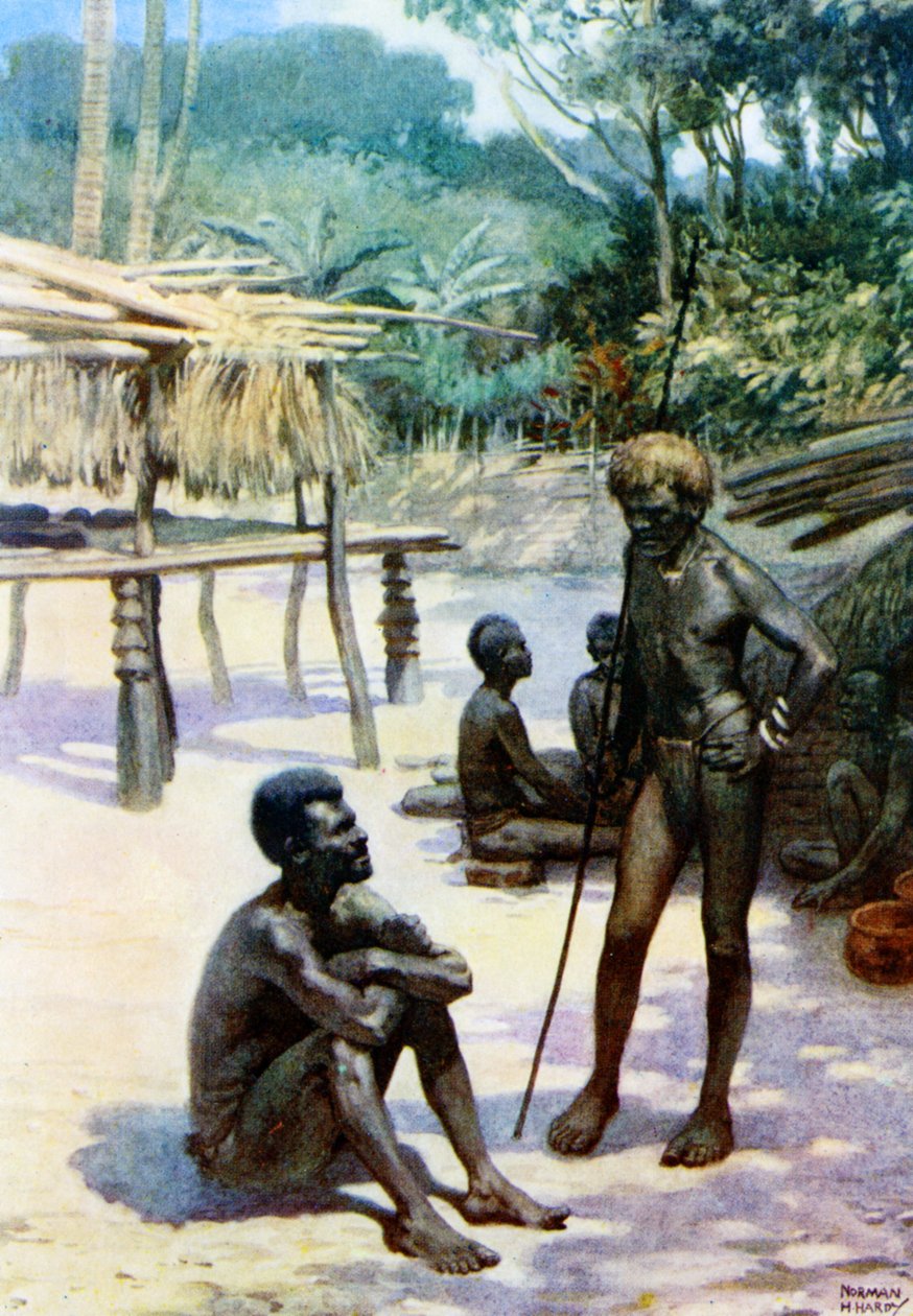 "A Yam shed and natives", Espiritu Santo, Nya Hebriderna, 1908 av Norman Hardy