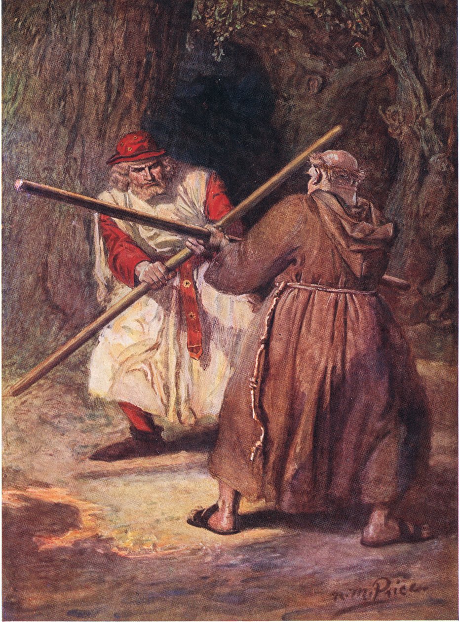Han gav efter före Friar Tucks stadiga slag, illustration från 