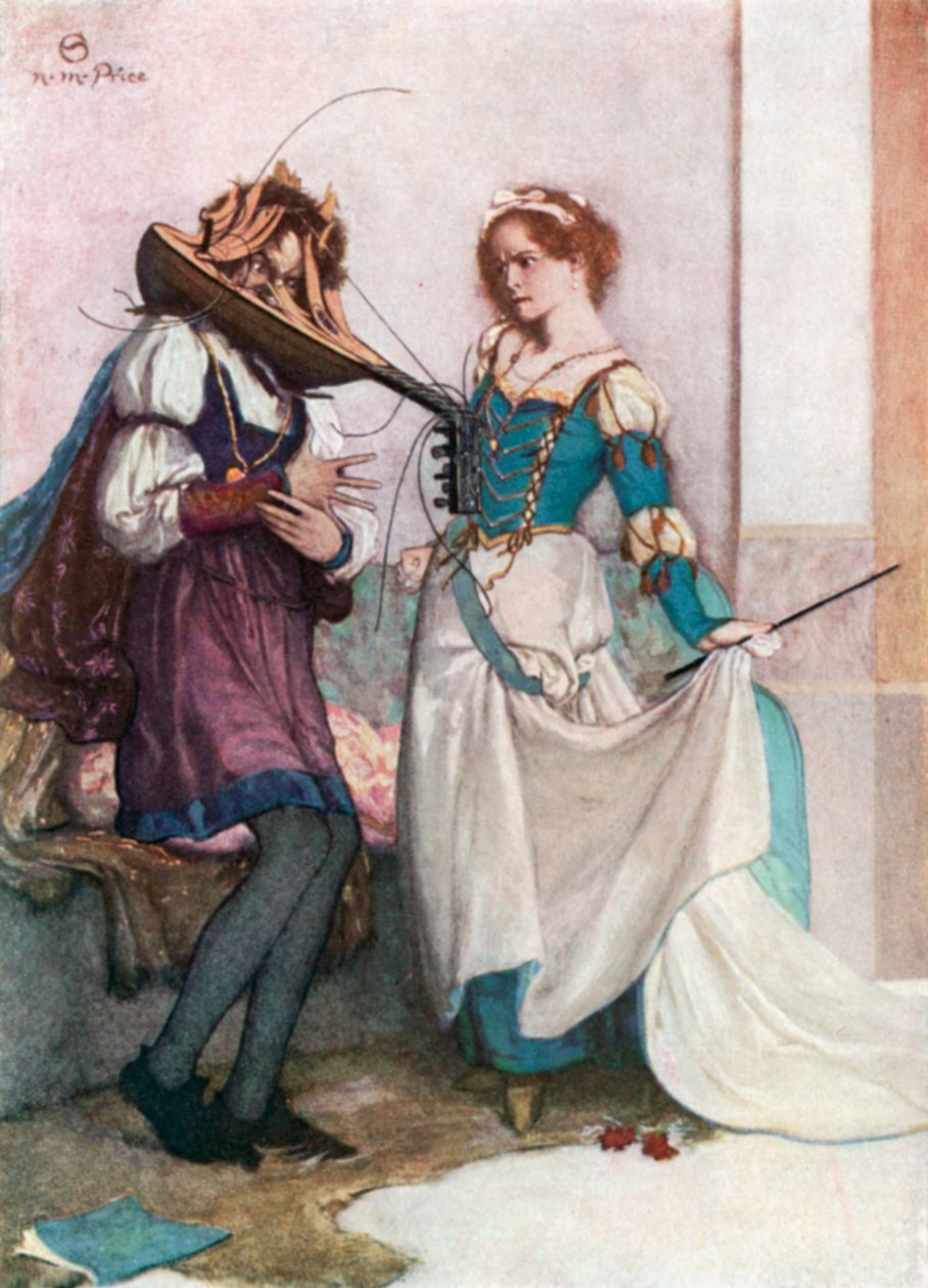 Den vänliga Katarina. The Taming of the Shrew - Akt II, Scen 1 (färglitografi) av Norman Mills (after) Price