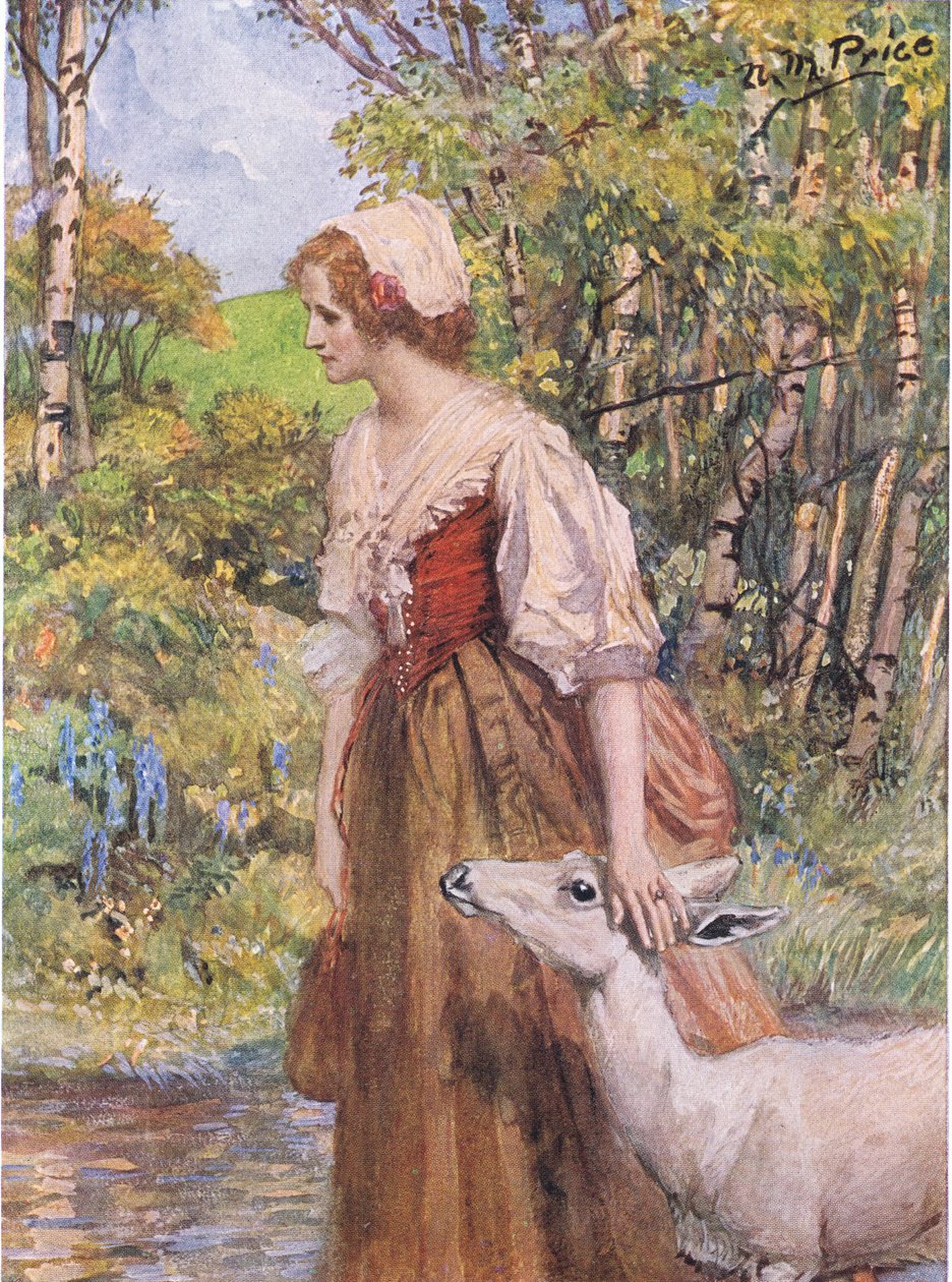The Lily-White Doe hoppade upp och lade sitt huvud i jungfruns hand, illustration från 