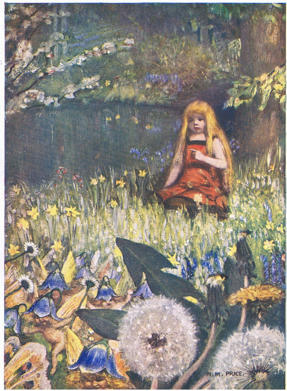 Maybells and the Flowers: "Nu vet jag att fler kan stanna hemma, majklockorna kallar mig så (färg litho) av Norman Mills Price