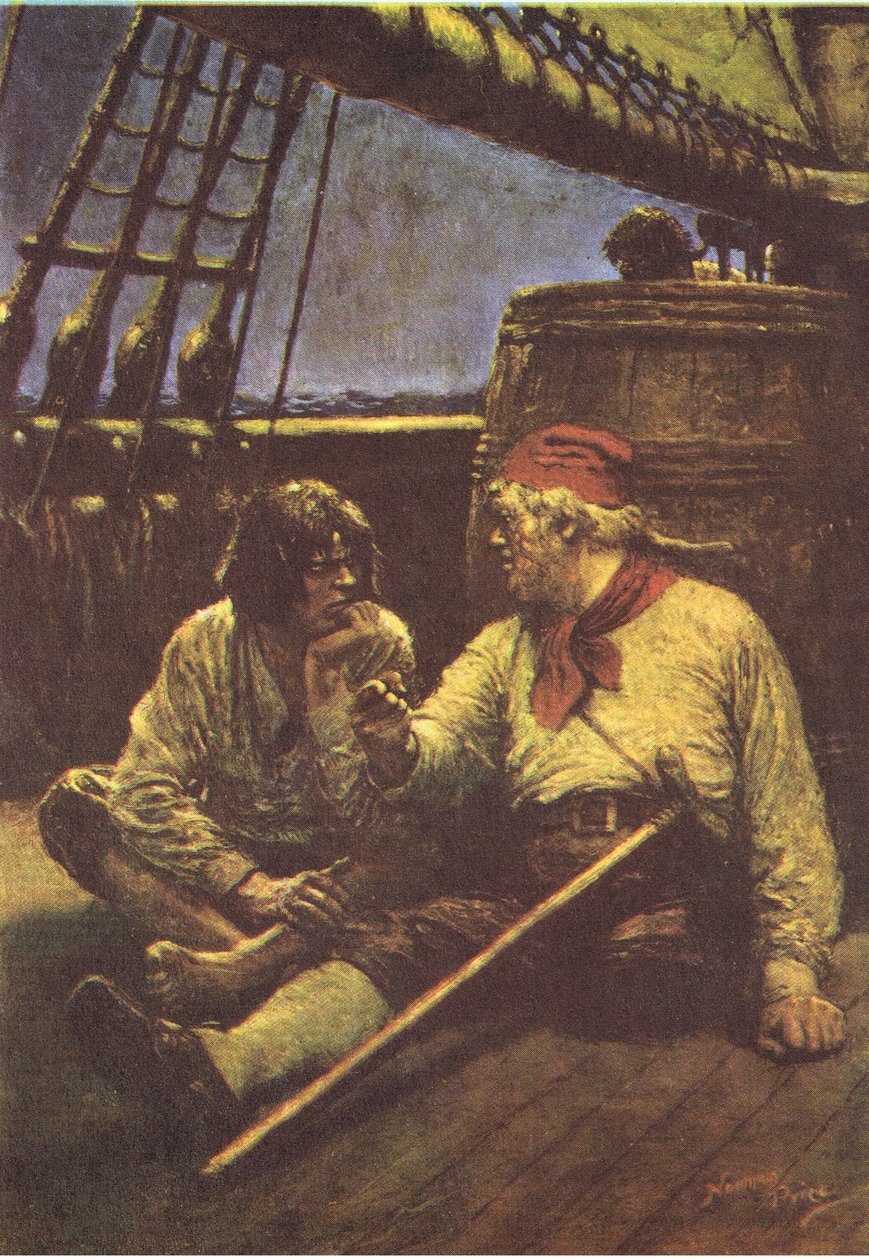 Pipan skakade när han lutade axeln mot den, från Treasure Island publicerad av MacDonald 1947 (färg litho) av Norman Mills Price