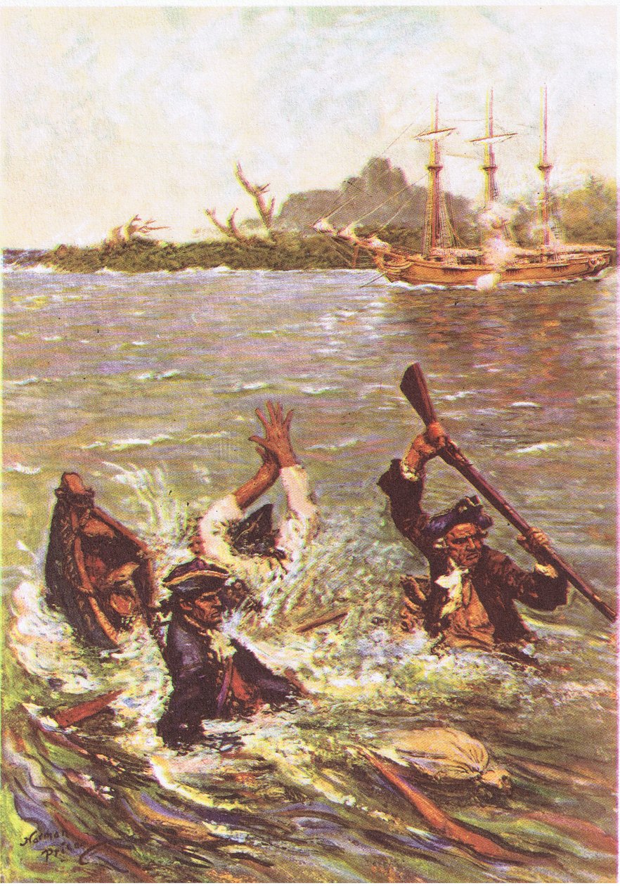Båten sjönk vid aktern i tre fot vatten, från Treasure Island publicerad av MacDonald 1947 (färg litho) av Norman Mills Price