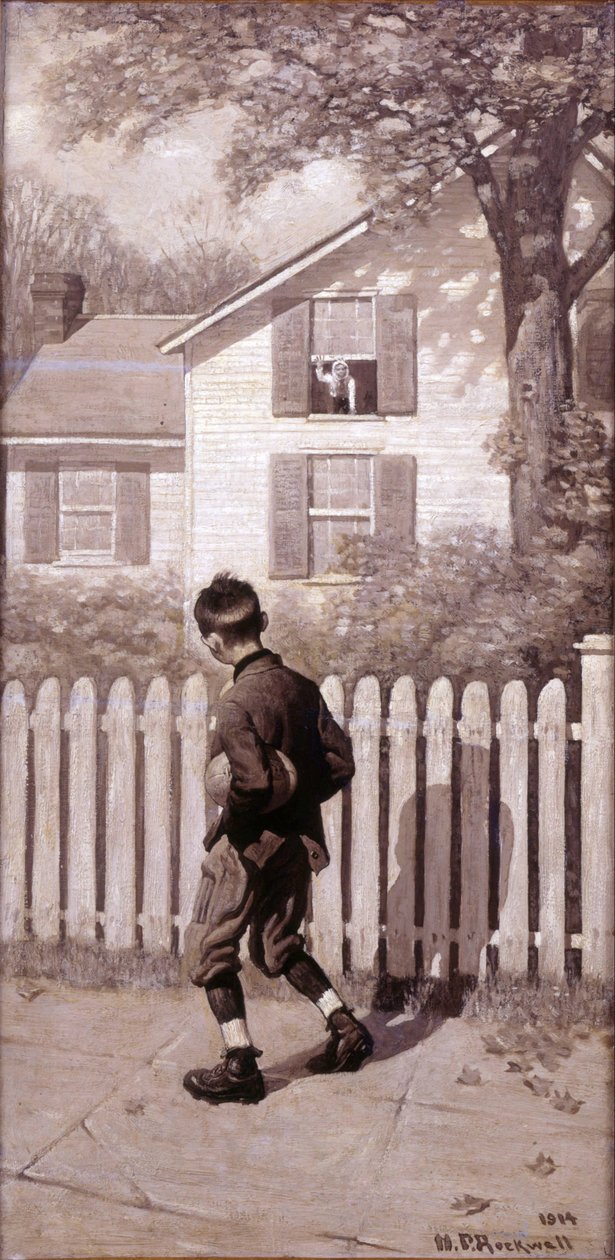 Den magiska fotbollen, "Tommy dök upp vid ett fönster på övervåningen." (Pojke med påssjuka) av Norman Rockwell