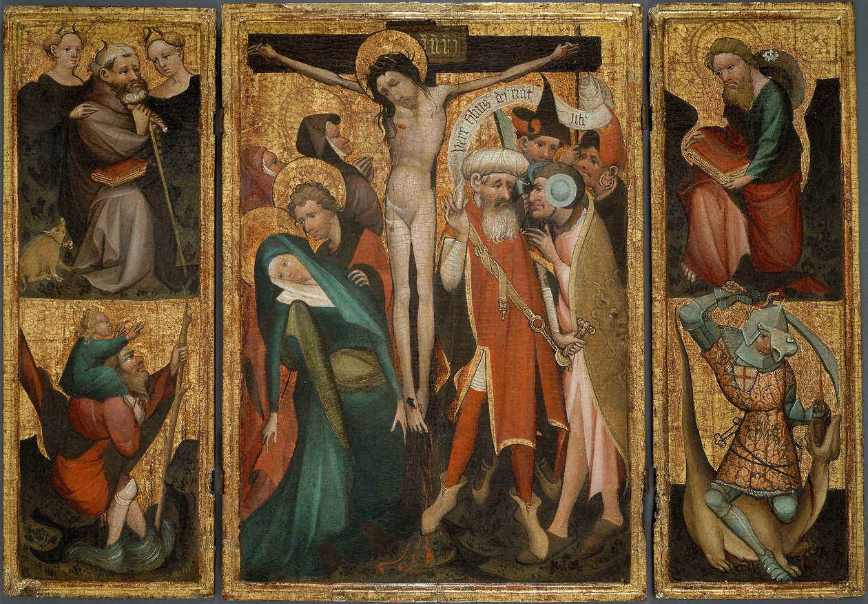 Triptyk av korsfästelsen med helgonen Antonius, Kristoffer, Jakob och Georg, ca 1400 (tempera och olja (uppskattad) på pannå) av Northern European School