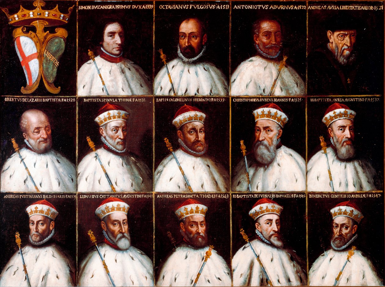 Republiken Genes vapen och porträtt av dogerna - Simone Boccanegra, Ottaviano Fregoso och Antoniotto II Adorno; Andrea Doria. Oberto Cattaneo Lazzari, Battista Spinola, Battista Lomellini, Cristoforo Grilaldi Rosso, Giovanni Battista Doria av Northern Italian School
