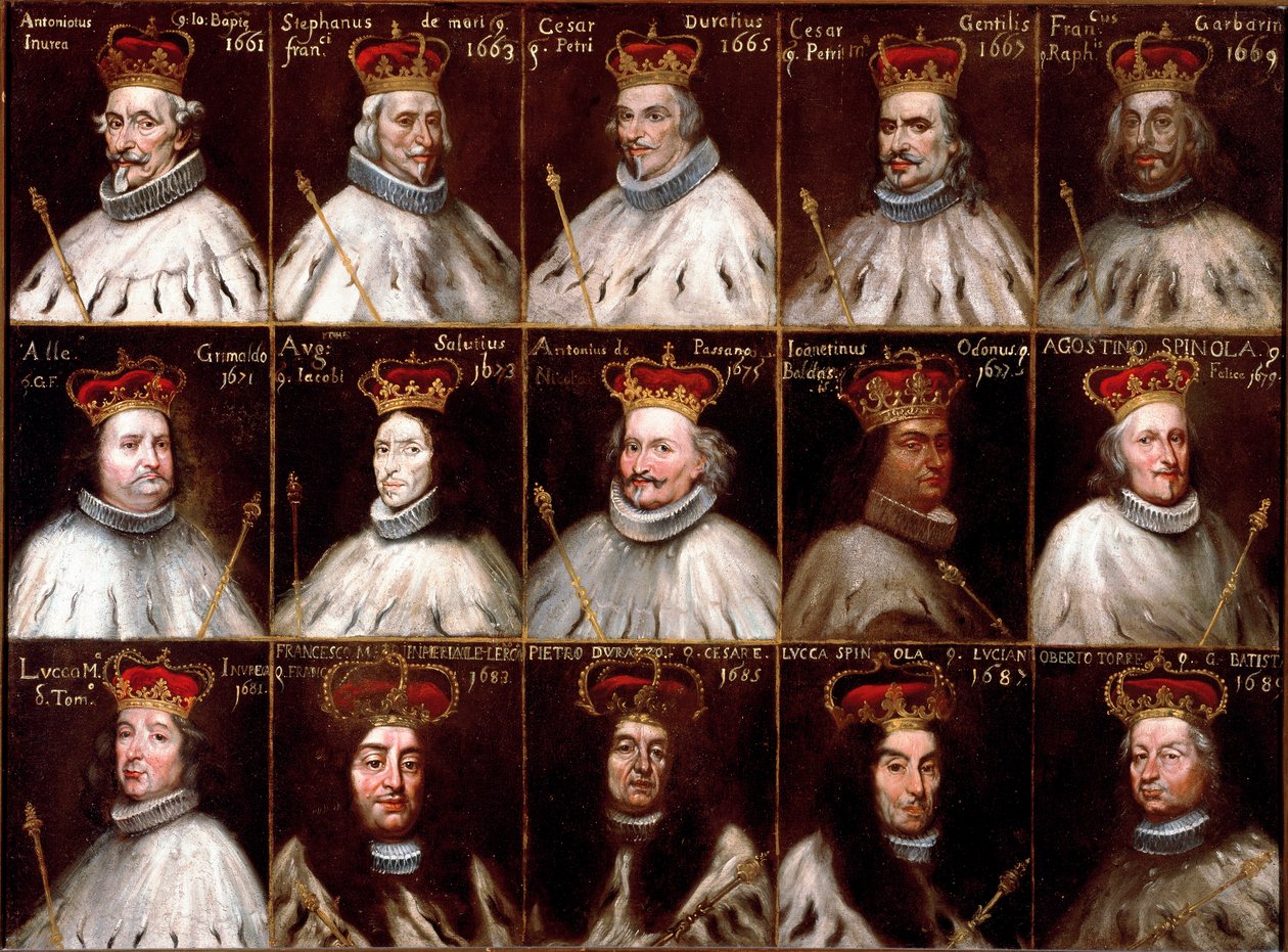 Republiken Genes vapen och porträtt av dogerna. Antoniotto Invrea, Stefano de Mari, Cesare Durazzo, Cesare Gentile, Francesco Garbarino, Alessandro Grimaldi, Agostino Saluzzo, Antonio Da Passano, Odon Giannettino, Agostino Spinola, Luca M av Northern Italian School