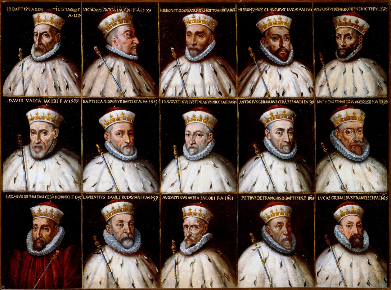Republiken Genes vapen och porträtt av dogerna. Gio. Battista Gentile Pignolo, Nicolò Doria, Gerolamo De Franchi Toso, Gerolamo Chiavari, Ambrogio Di Negro, Davide Vacca (eller Vaccari), Battista Negrone, Gio Giustiniani Campi, Antonio Grimal av Northern Italian School