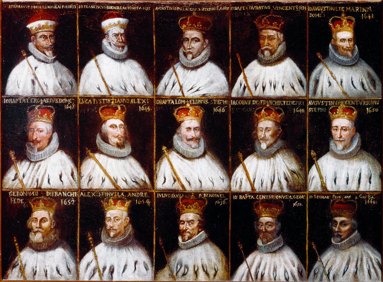 Republiken geners vapen och porträtt av dogerna. Giovanni Stefano Doria, Francesco Gio. Brignole Sale, Agostino Pallavicini, Giovanni Battista Durazzo, Agostino Giovanni De Marini, Giovan Battista Lercari, Luca Giustiniani, Giovanni Battista L av Northern Italian School