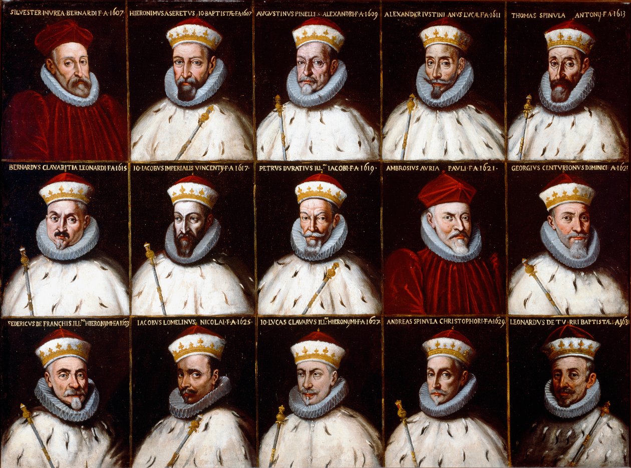 Republiken Genes vapen och porträtt av dogerna. Silvestro Invrea, Gerolamo Assereto, Agostino Pinello Luciani, Alessandro Giustiniani Longo, Tomaso Spinola, Clavarezza Bernardo, Giovanni Giacomo Imperiale (Tartaro), Pietro Durazzo, Ambrog av Northern Italian School