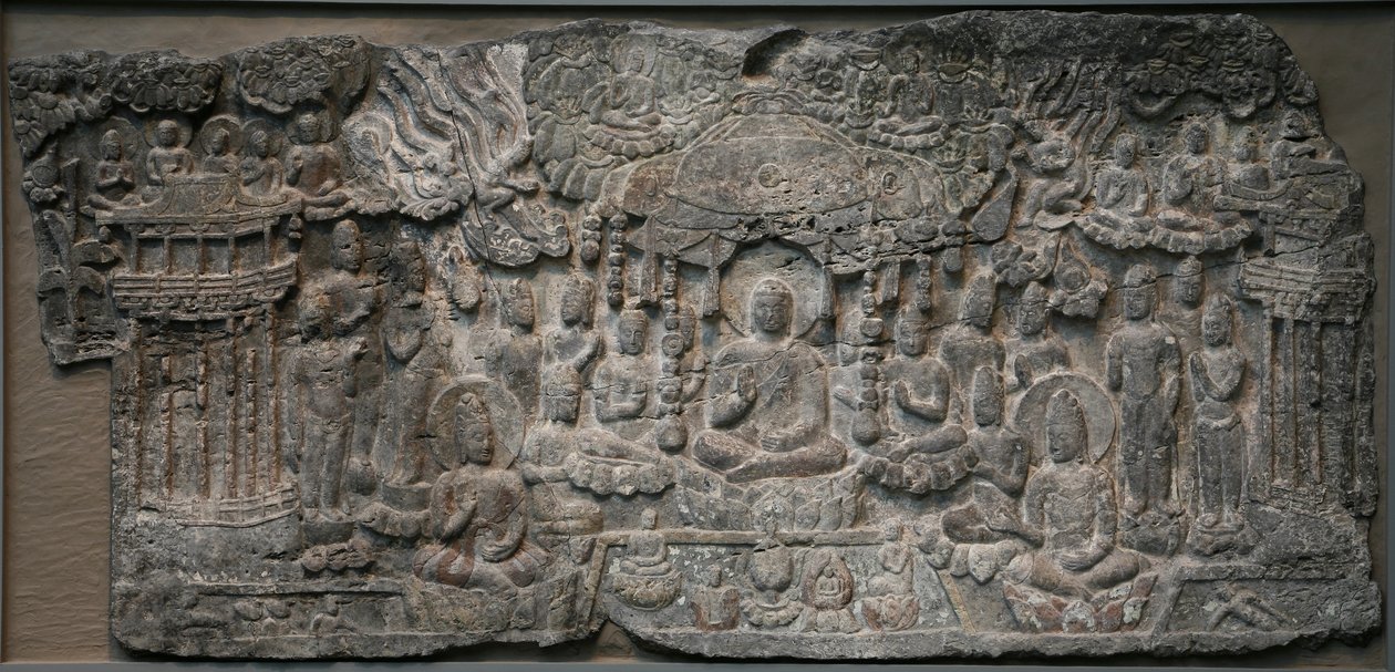 Western Paradise, Handan, Hebei-provinsen, 550-577 (kalksten med spår av pigment) av Northern Qi Dynasty Chinese Scool
