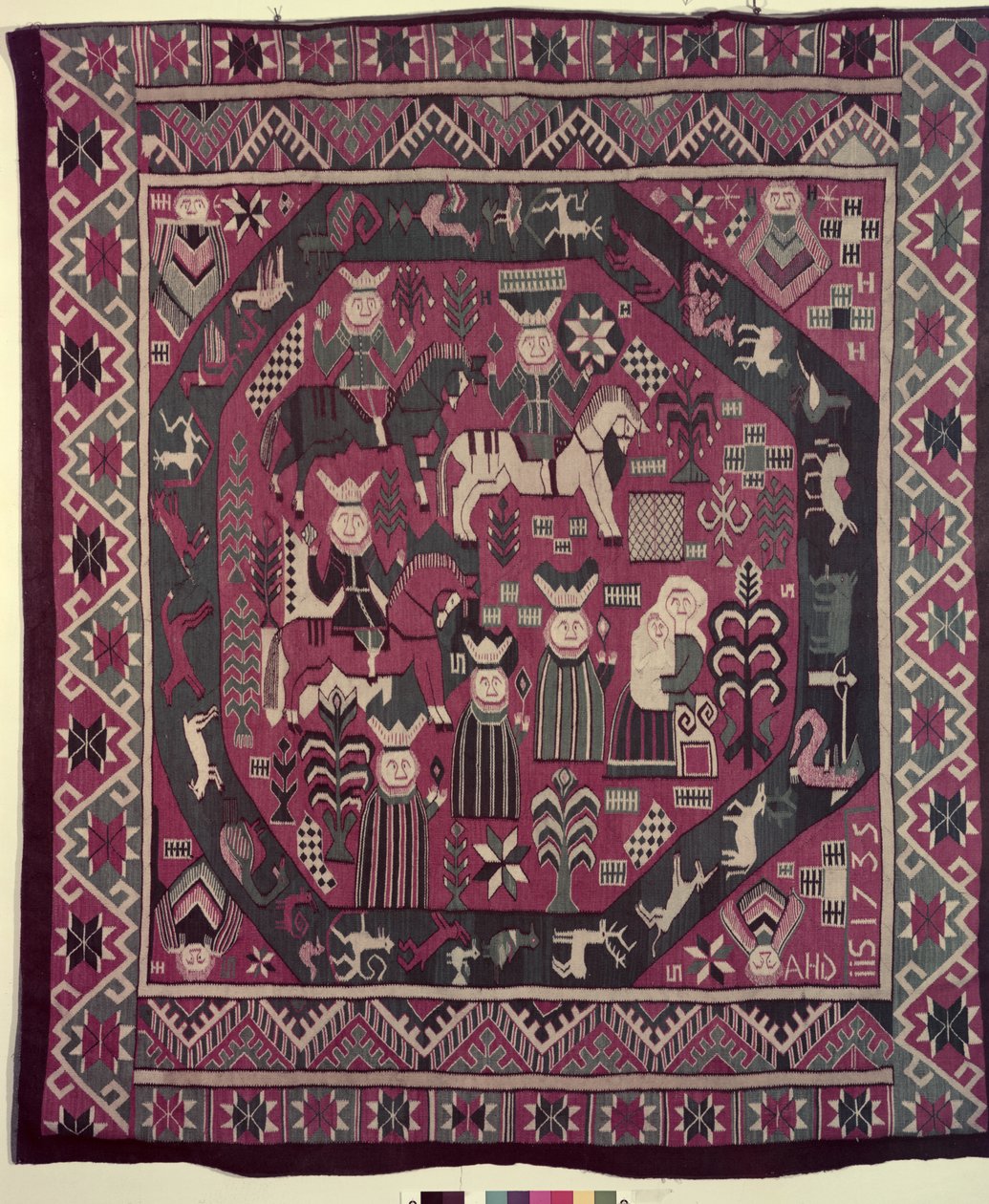 Matta föreställande riddare, en mor med sitt barn och olika andra figurer, 1735 (ull) av Norwegian School