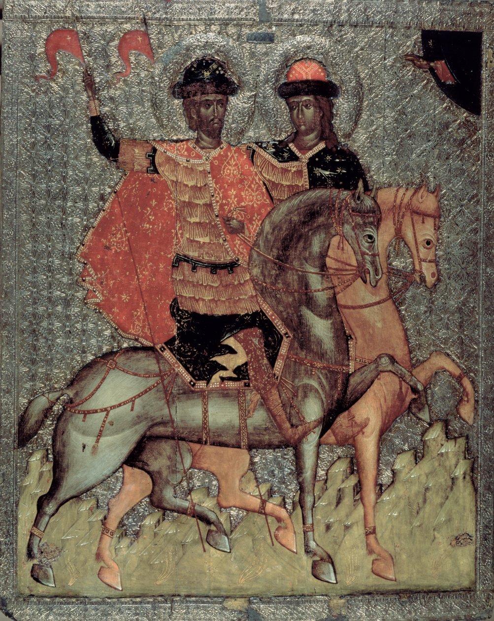 St. Boris och St. Gleb monterade, ca 1377 (tempera på panel) av Novgorod School