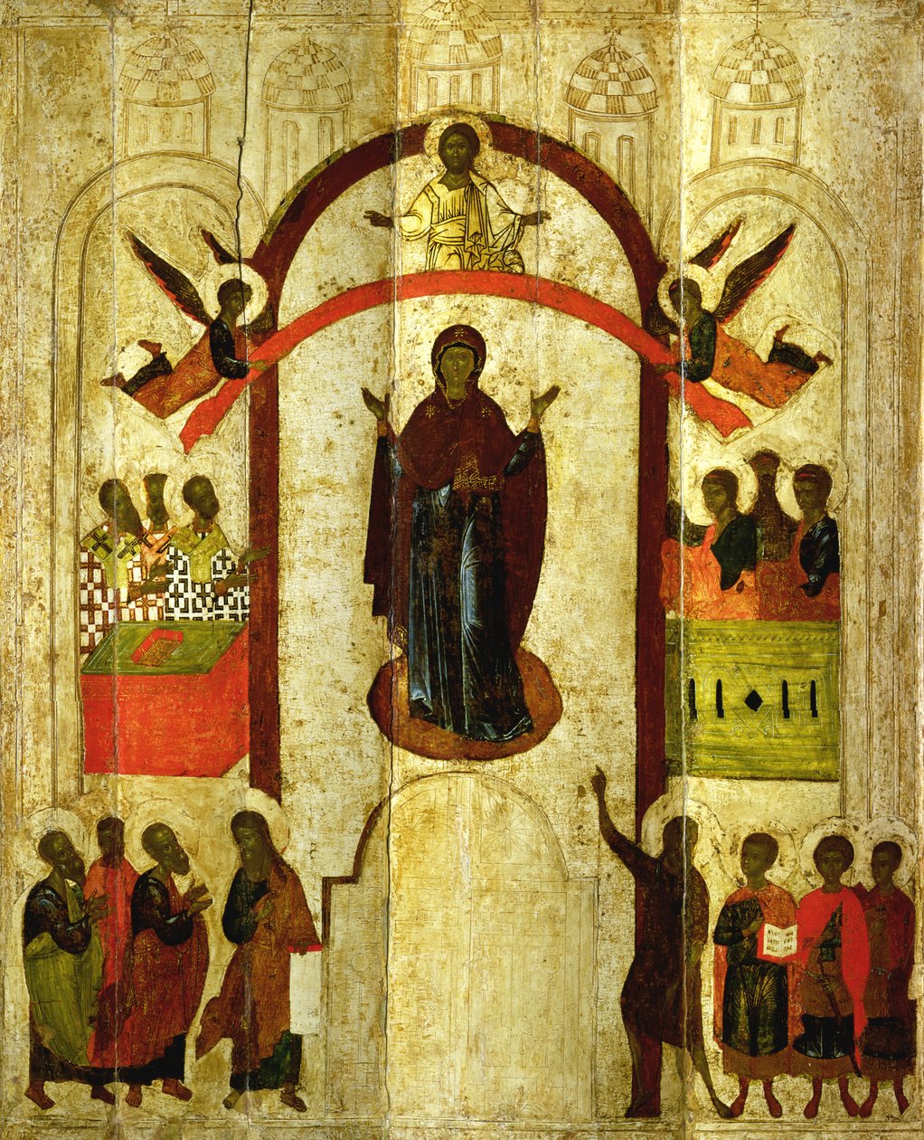Theotokos skydd (Guds moder) rysk ikon från Zverin-klostret, 1399 (tempera på panel) av Novgorod School