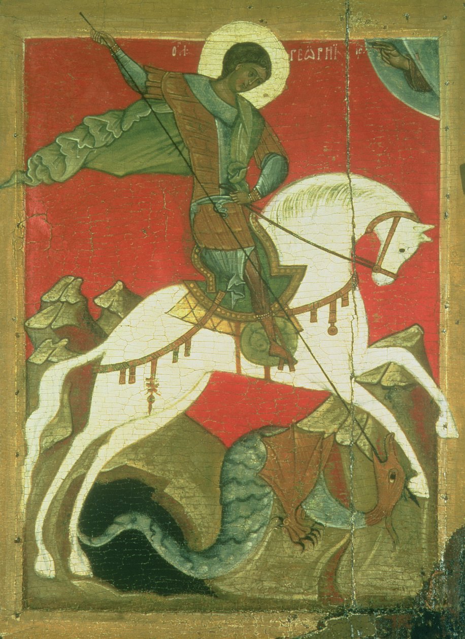 Ikon för St. George och draken (tempera på panelen) av Novgorod School