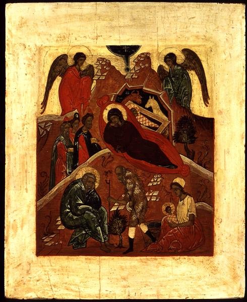 Födelseikonen, tillbedjan av magi och frestelsen av St. Joseph, ca 1500 (bladguld och tempera på panel) av Novgorod School