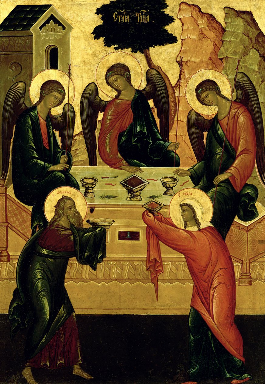 The Holy Trinity, Novgorod School, 1400-talet (tempera på duk) av Novgorod School