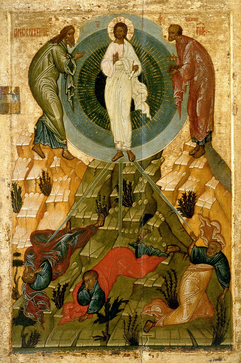 Vår Herres förvandling, rysk ikon från den heliga Theotokos Dormition Church på Volotovofältet nära Novgorod (tempera på panelen) av Novgorod School