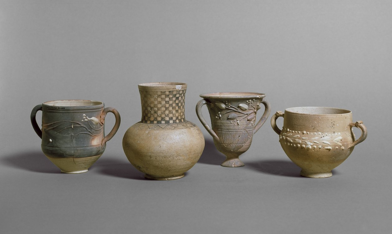 Barbotinkoppar och liten burk, meroitisk period (c.400 f.Kr. - c.400 e.Kr.) (bränd lera) av Nubian