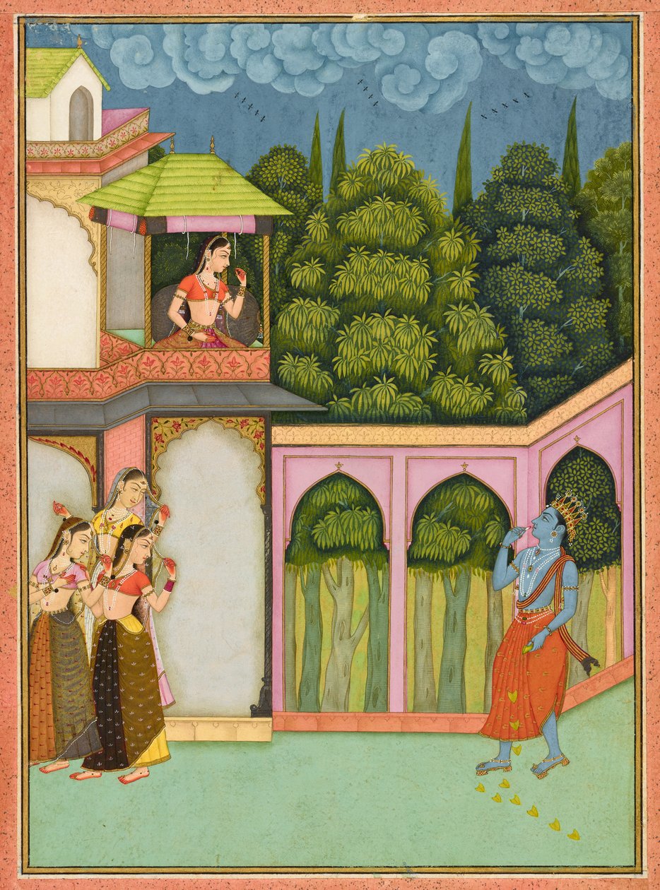 Krishna närmar sig Radha, folio från en "Rasikpriya", daterad ca 1690 (ogenomskinlig akvarell och guld på papper) av Nuruddin Nuruddin