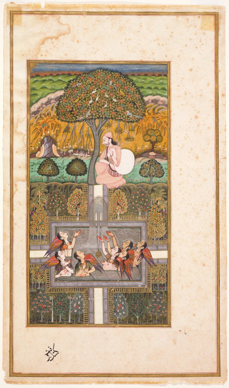 Raja Bikram och änglarna, illustration från Gulshan-i-Ishq, ca 1700 (wc med guld på papper) av Nusrati of Bijapur