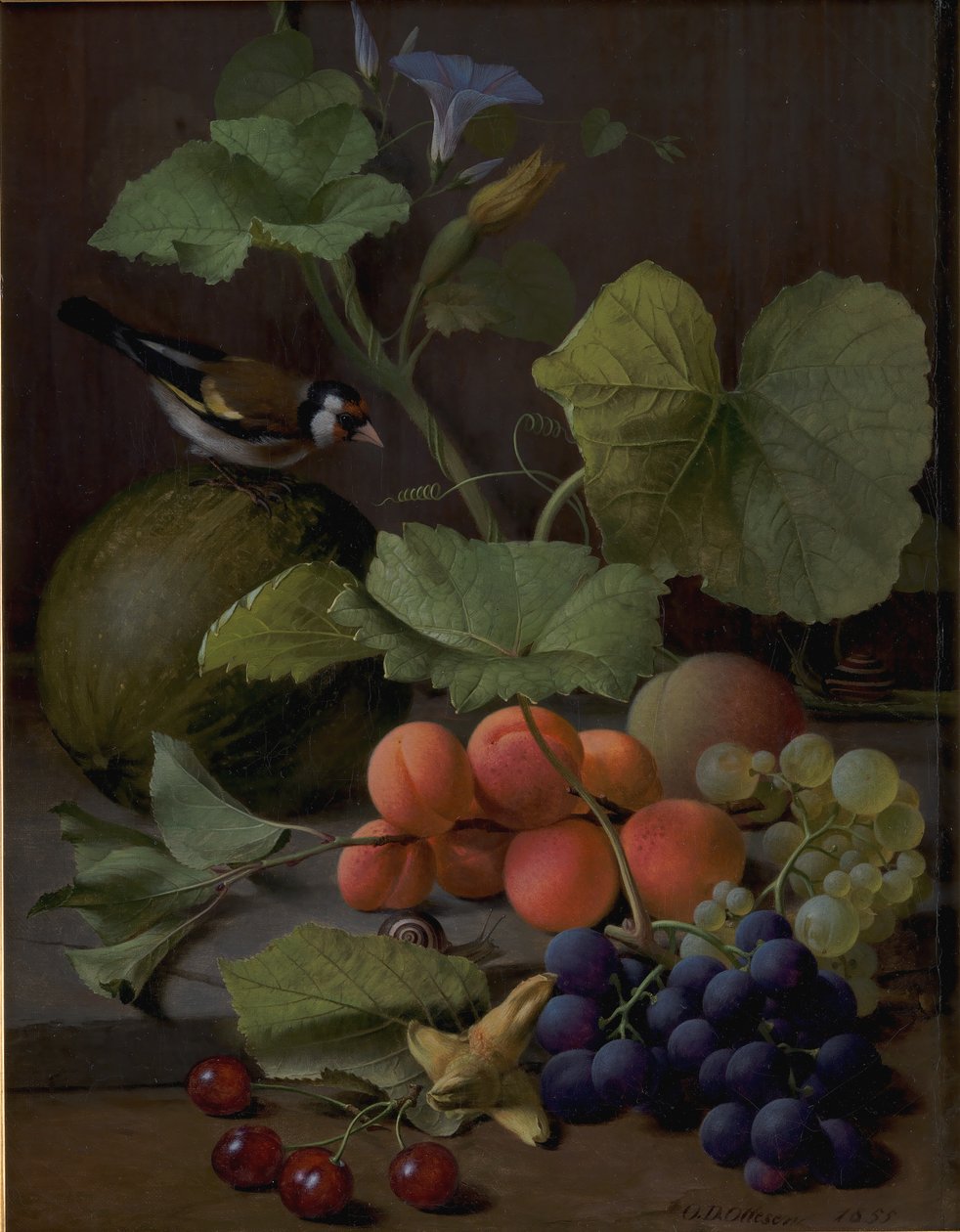 Stilleben med frukt och en guldfink av O.D. Ottesen