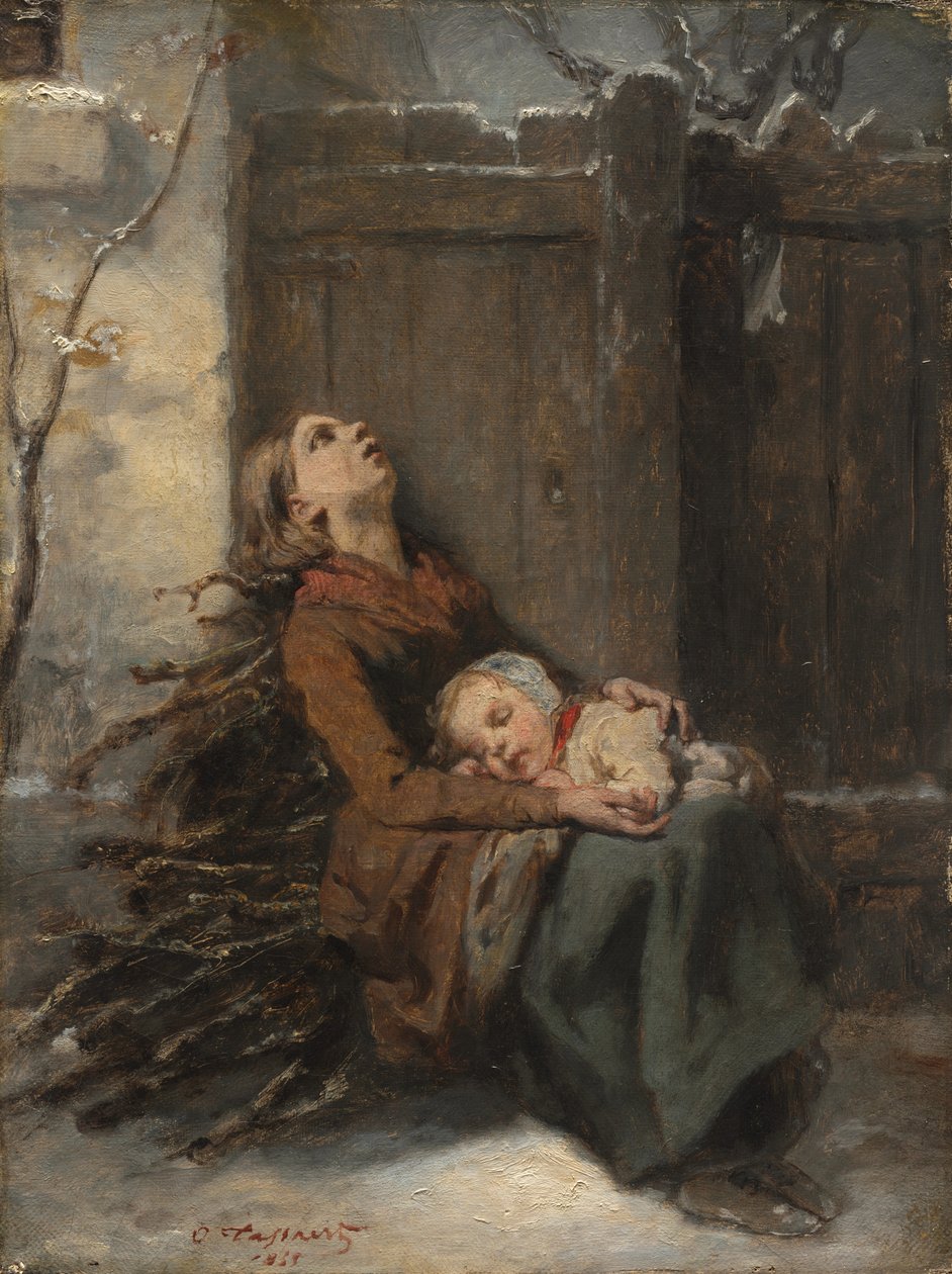 Utblottad död mor håller sitt sovande barn på vintern, ca 1850 (olja på duk) av Octave Tassaert